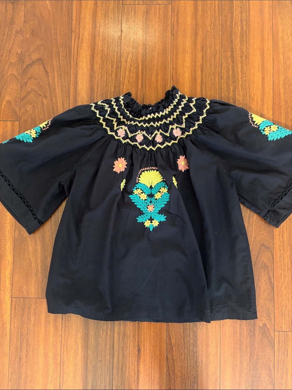Corey Lynn Calter Black Embroidered Floral Smocked Blouse